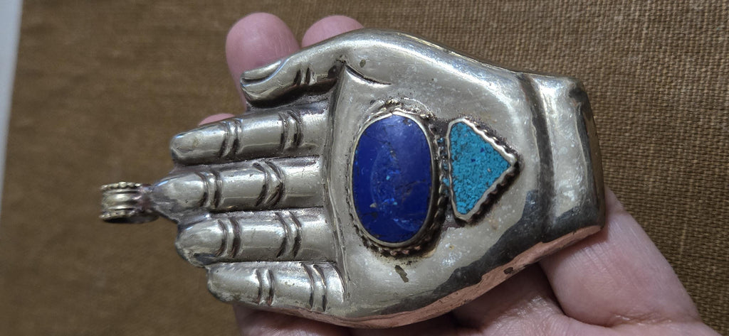 Large bold size Buddha hand lapis turquoise l inlaid Om inscribed reversible pendant rustic antiqued finish- PM240B