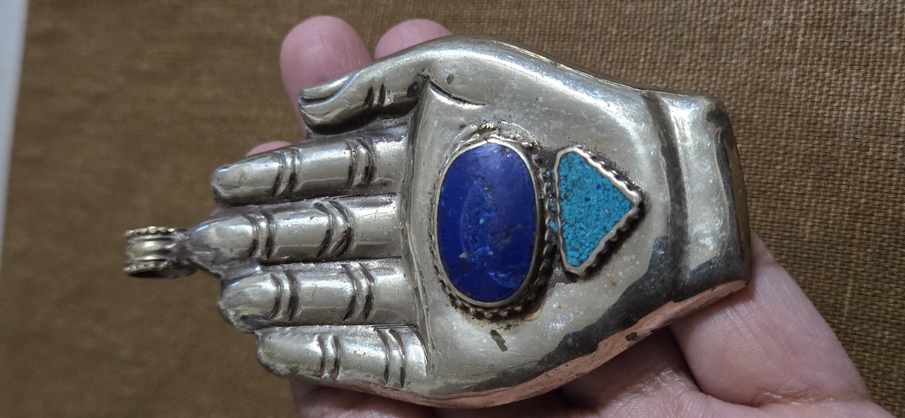 Large bold size Buddha hand lapis turquoise l inlaid Om inscribed reversible pendant rustic antiqued finish- PM240B