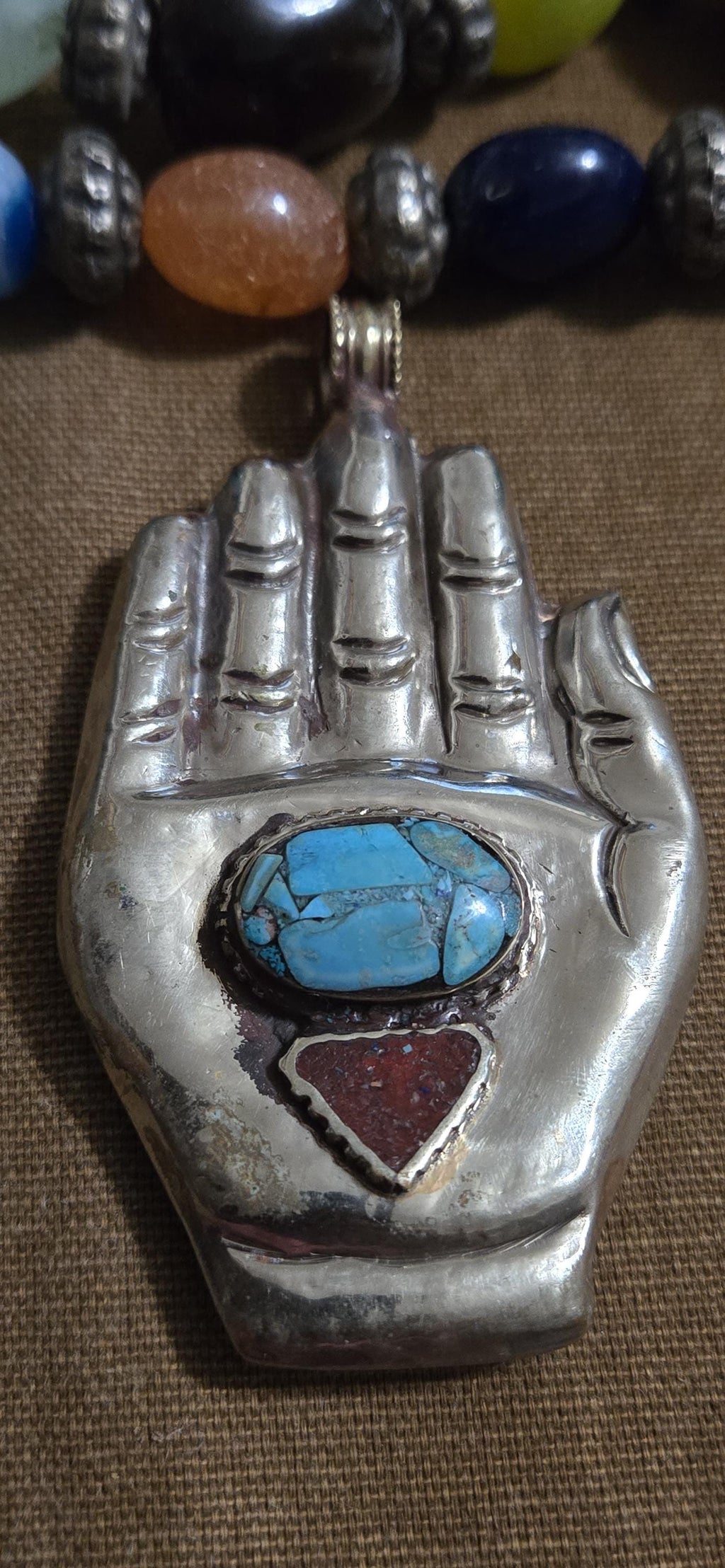 AS is - crude finish large bold size Buddha hand turquoise coral inlaid Om inscribed reversible pendant rustic antiqued finish- PM240C
