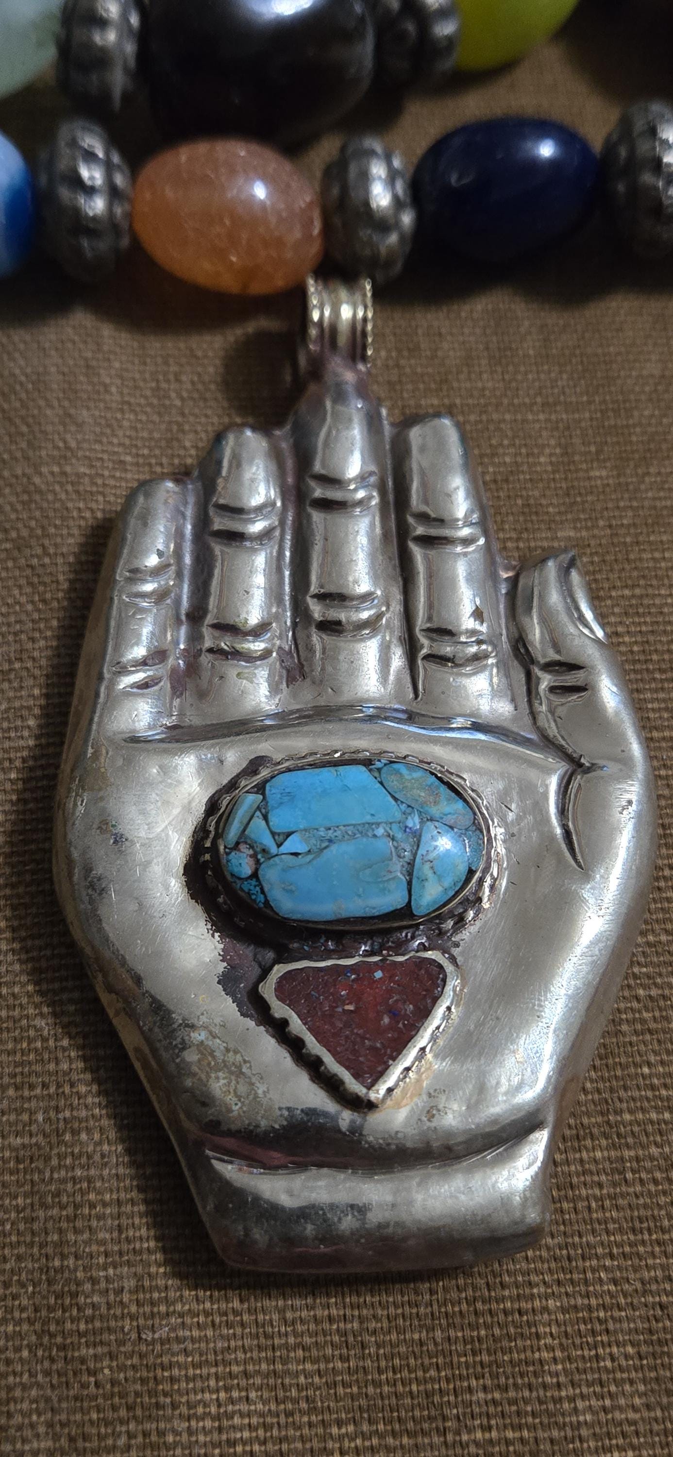 AS is - crude finish large bold size Buddha hand turquoise coral inlaid Om inscribed reversible pendant rustic antiqued finish- PM240C