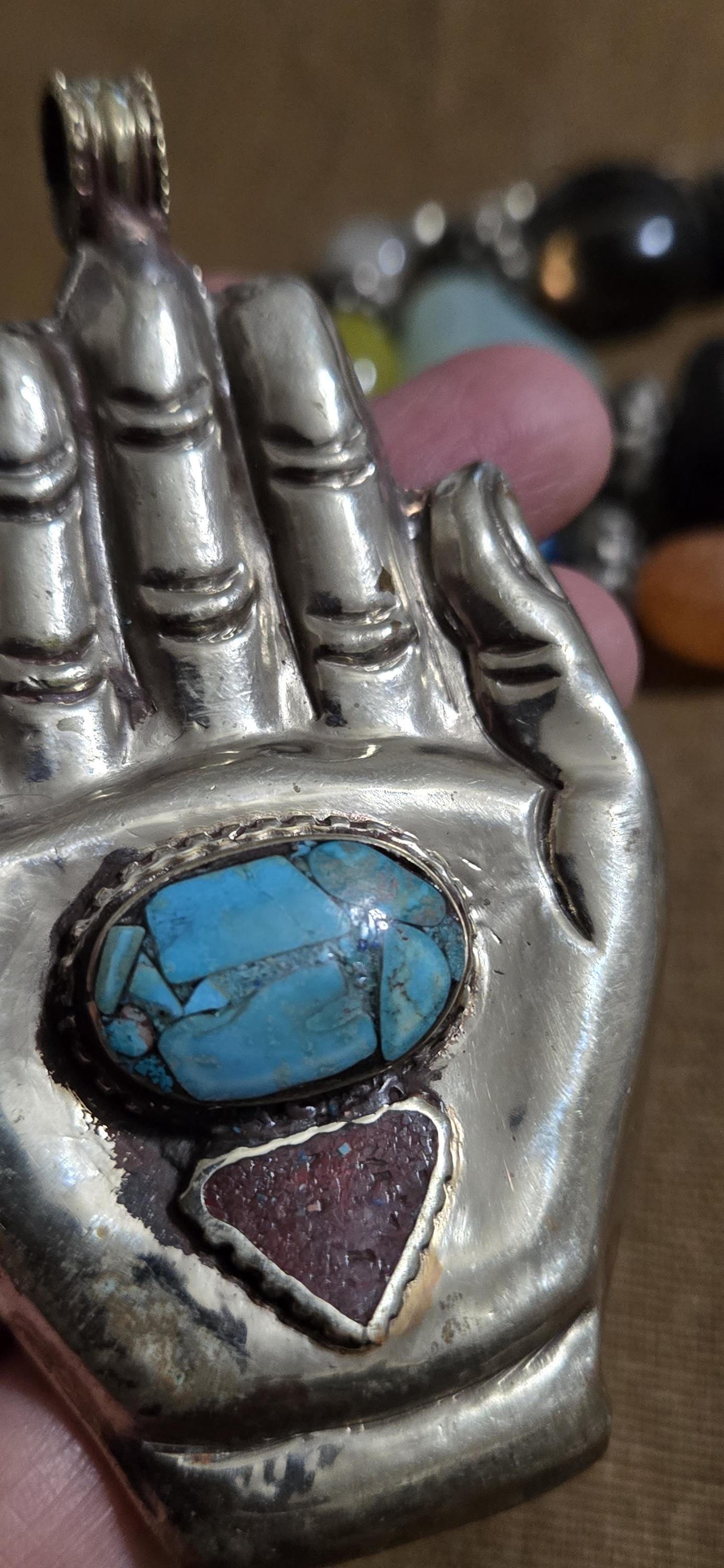 AS is - crude finish large bold size Buddha hand turquoise coral inlaid Om inscribed reversible pendant rustic antiqued finish- PM240C