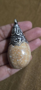 Large Tibetan Silver Capped Cowrie Shell Pendant – Lotus Floral Design – Ethnic Boho Tribal Jewelry Supply – Natural Shell Pendant PM438A5