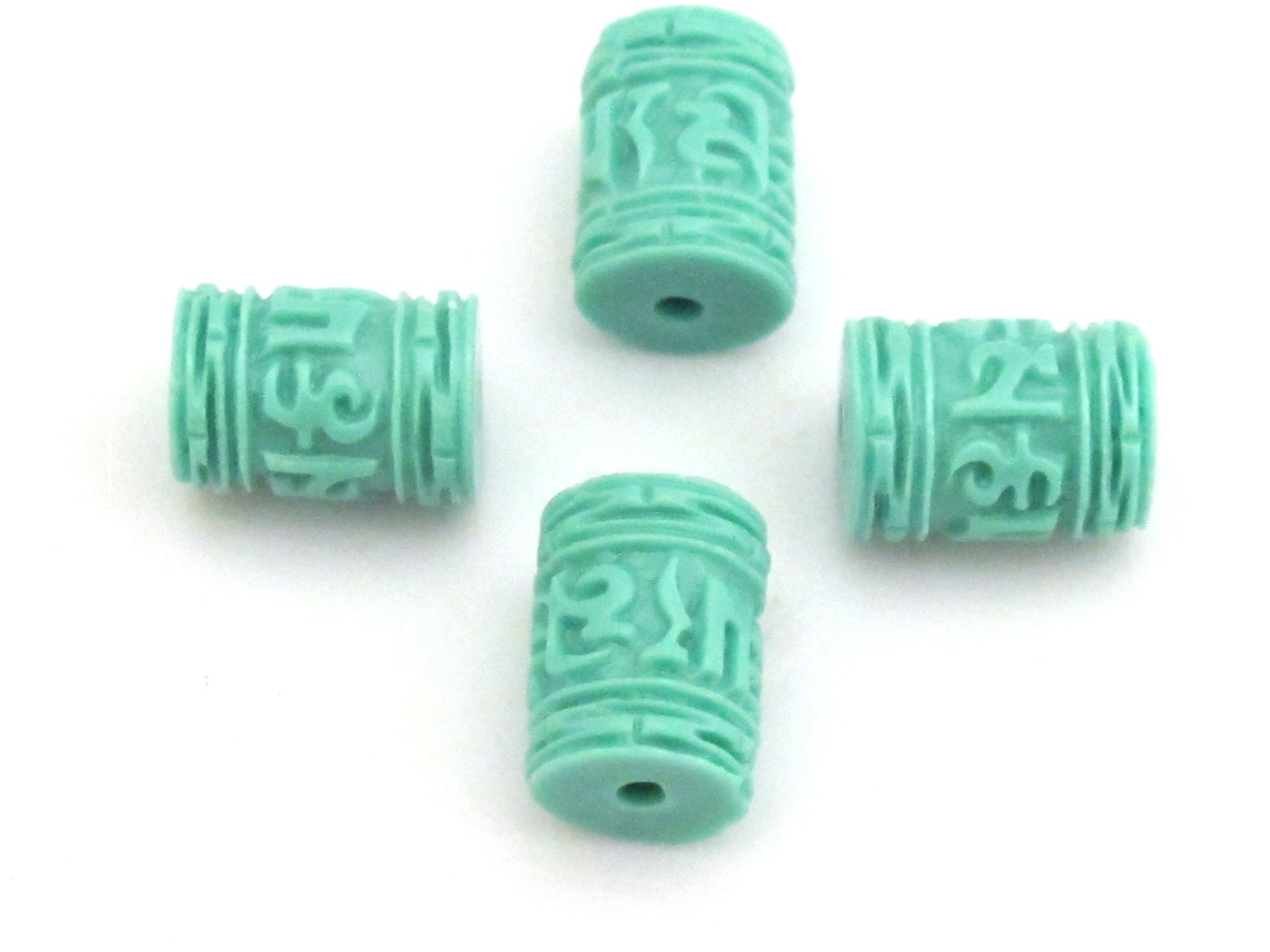 6 BEADS - Tibetan om mantra aqua blue resin beads 11 mm x 8 mm - BD663