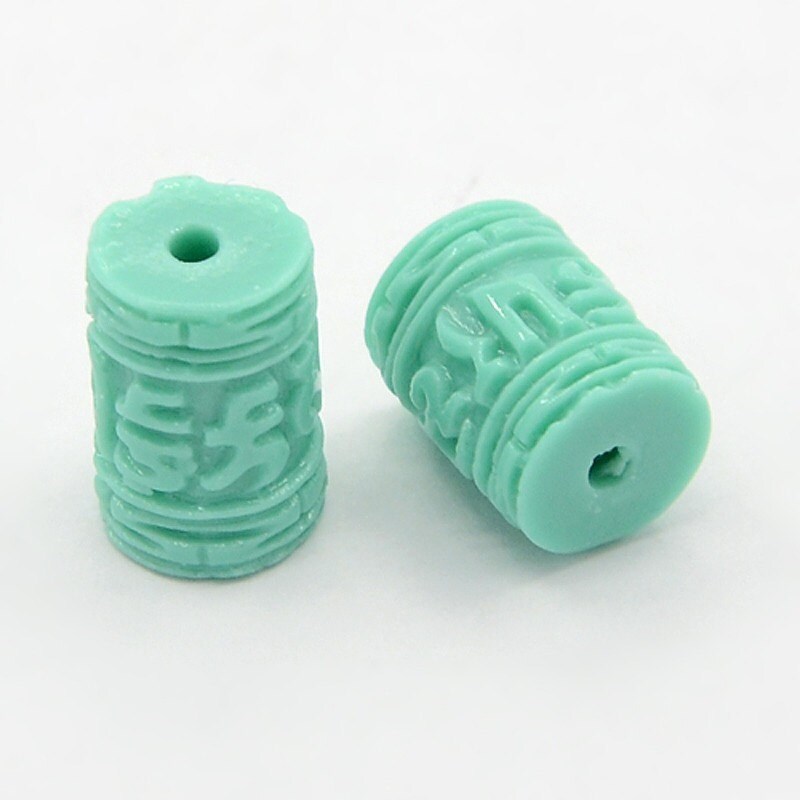 6 BEADS - Tibetan om mantra aqua blue resin beads 11 mm x 8 mm - BD663