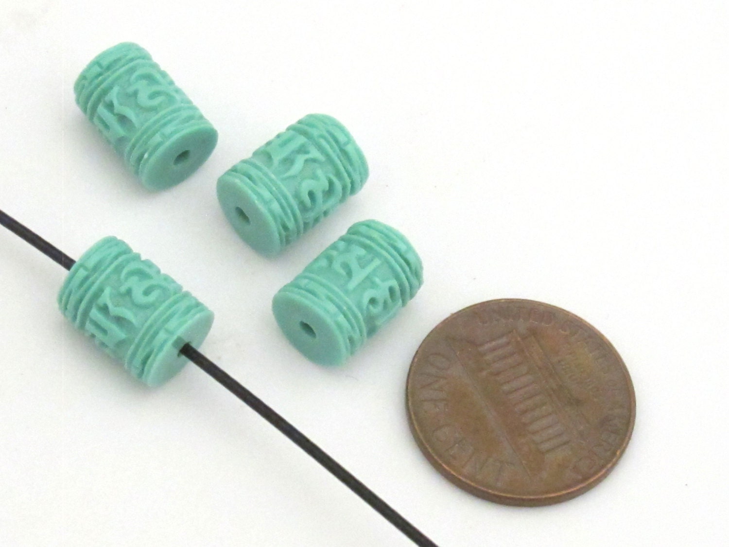 6 BEADS - Tibetan om mantra aqua blue resin beads 11 mm x 8 mm - BD663