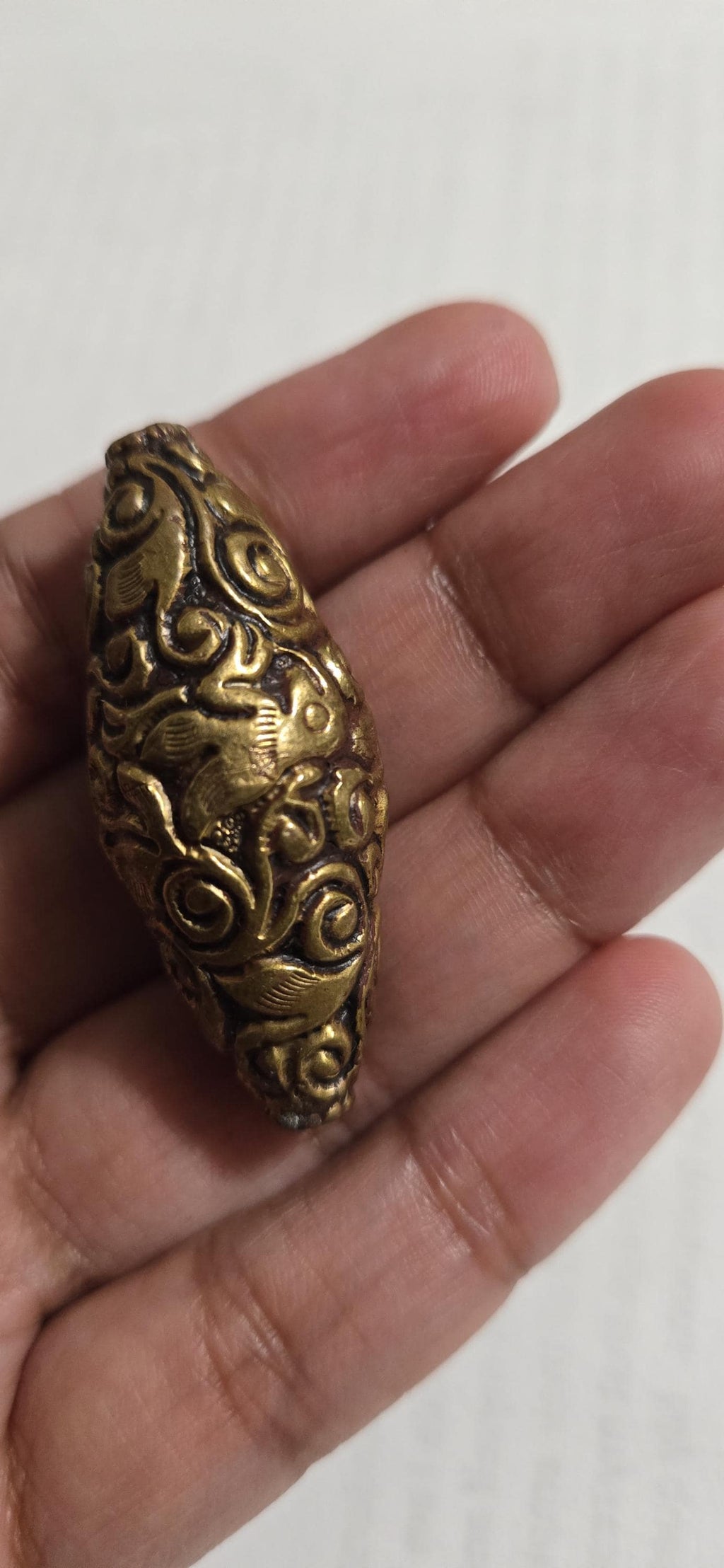 1 Bead - Tibetan brass bead floral bird repousse carved bead ethnic tibetan Nepal bead -PM438C2