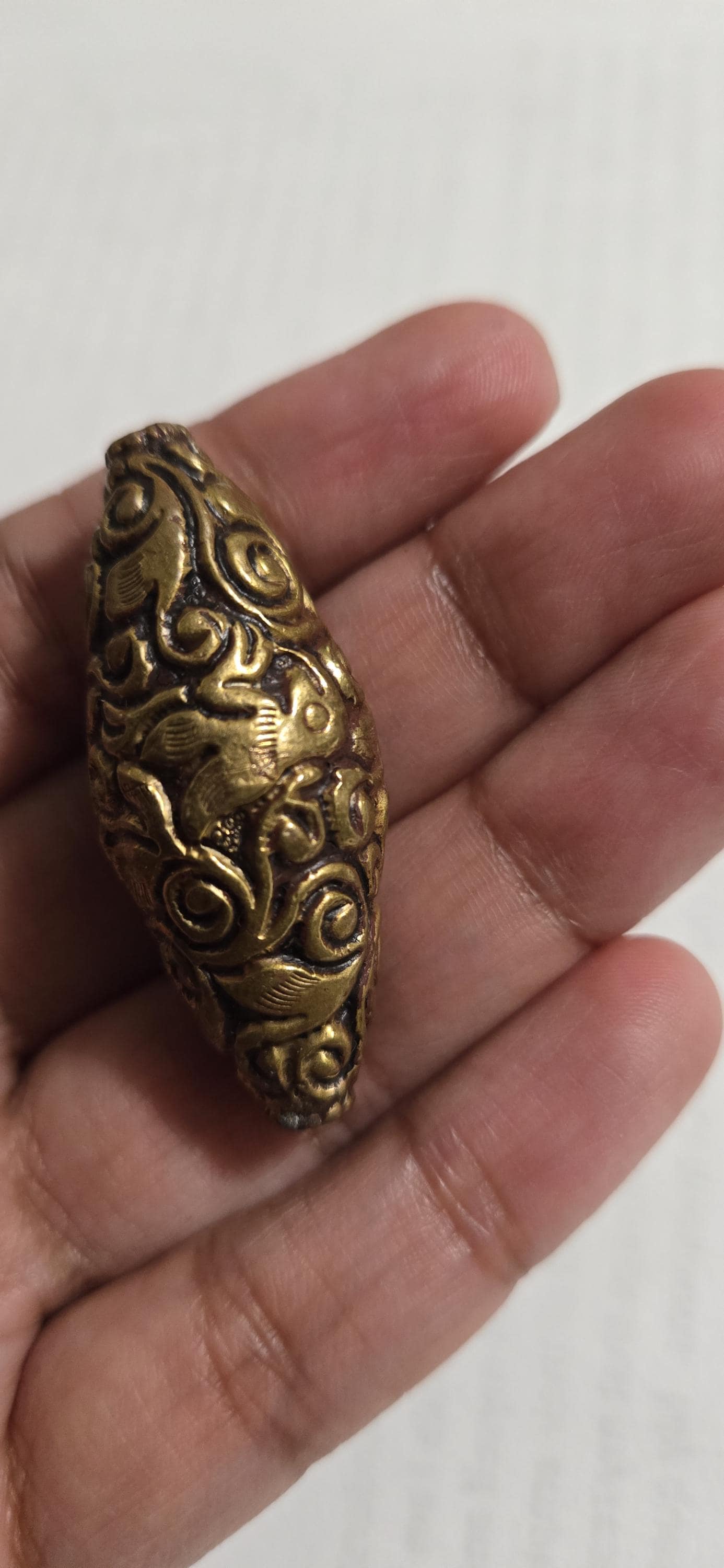 1 Bead - Tibetan brass bead floral bird repousse carved bead ethnic tibetan Nepal bead -PM438C2
