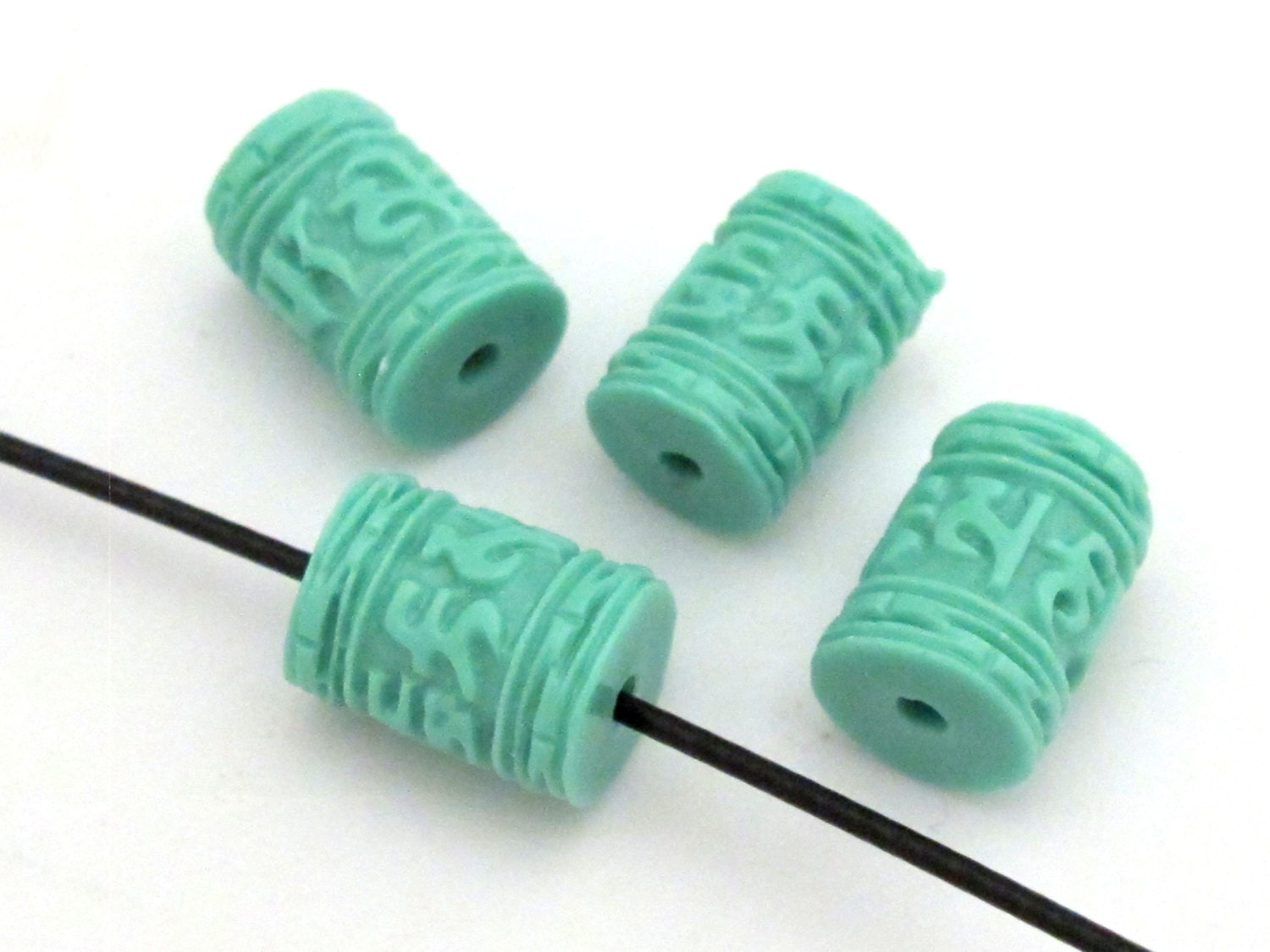 6 BEADS - Tibetan om mantra aqua blue resin beads 11 mm x 8 mm - BD663