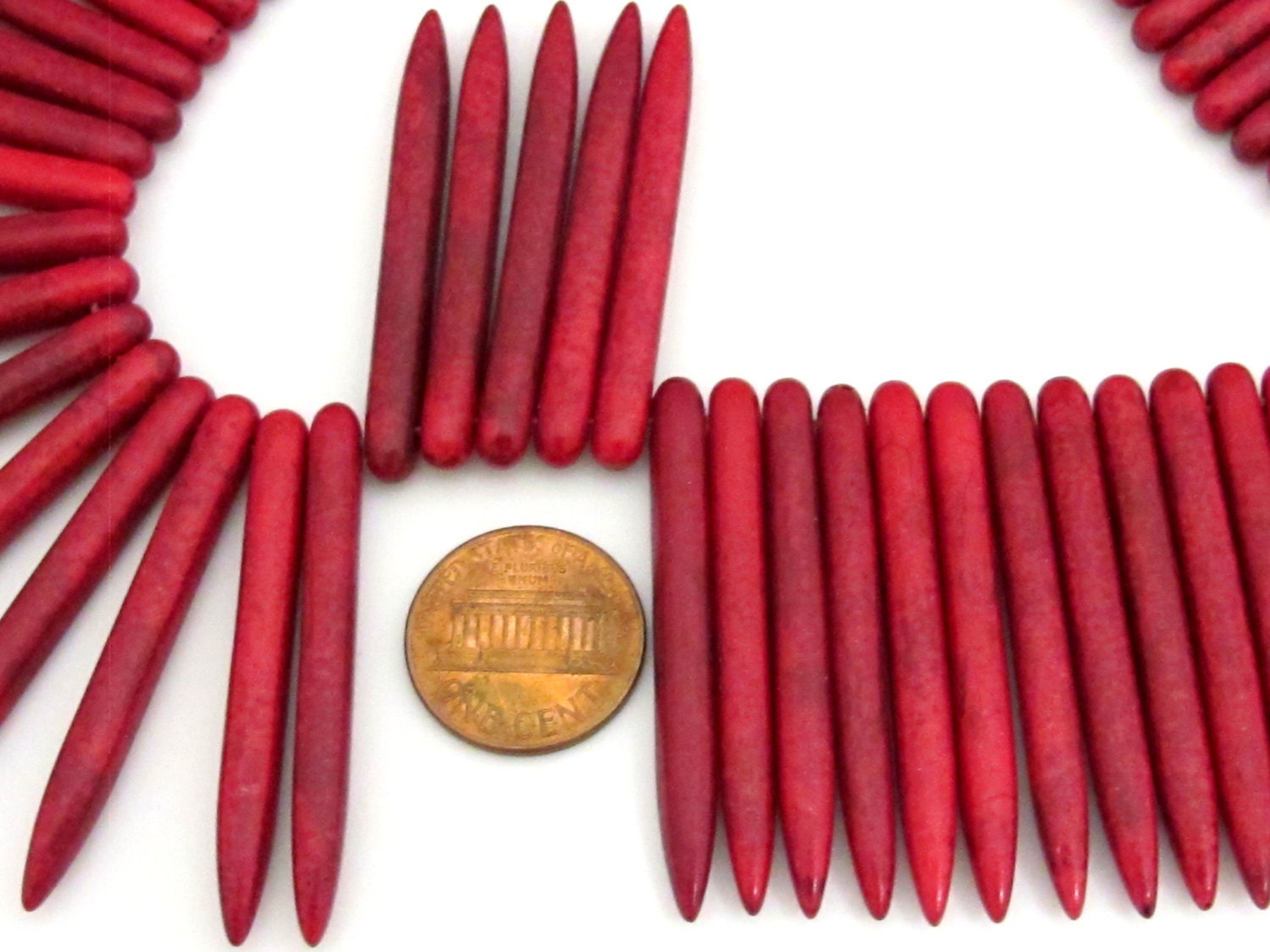 15 BEADS - Long Red magnesite spike stick beads 44 mm x 5 mm - GM328