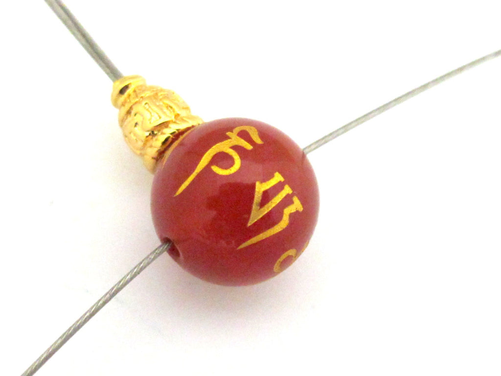1 Guru Bead set - Large 14 mm size Tibetan om mantra etched red agate Guru bead and gold color plated om mantra cone bead - GB011
