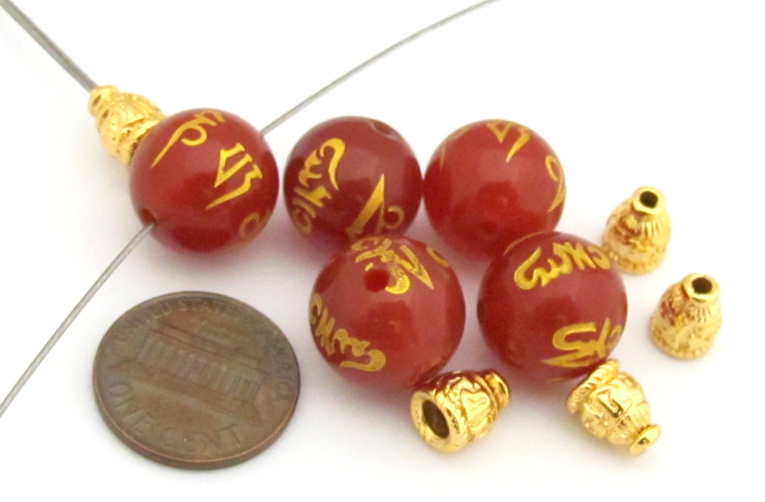 1 Guru Bead set - Large 14 mm size Tibetan om mantra etched red agate Guru bead and gold color plated om mantra cone bead - GB011