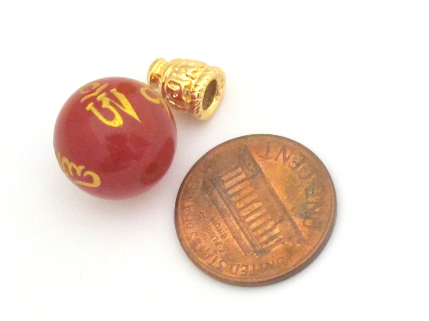 1 Guru Bead set - Large 14 mm size Tibetan om mantra etched red agate Guru bead and gold color plated om mantra cone bead - GB011
