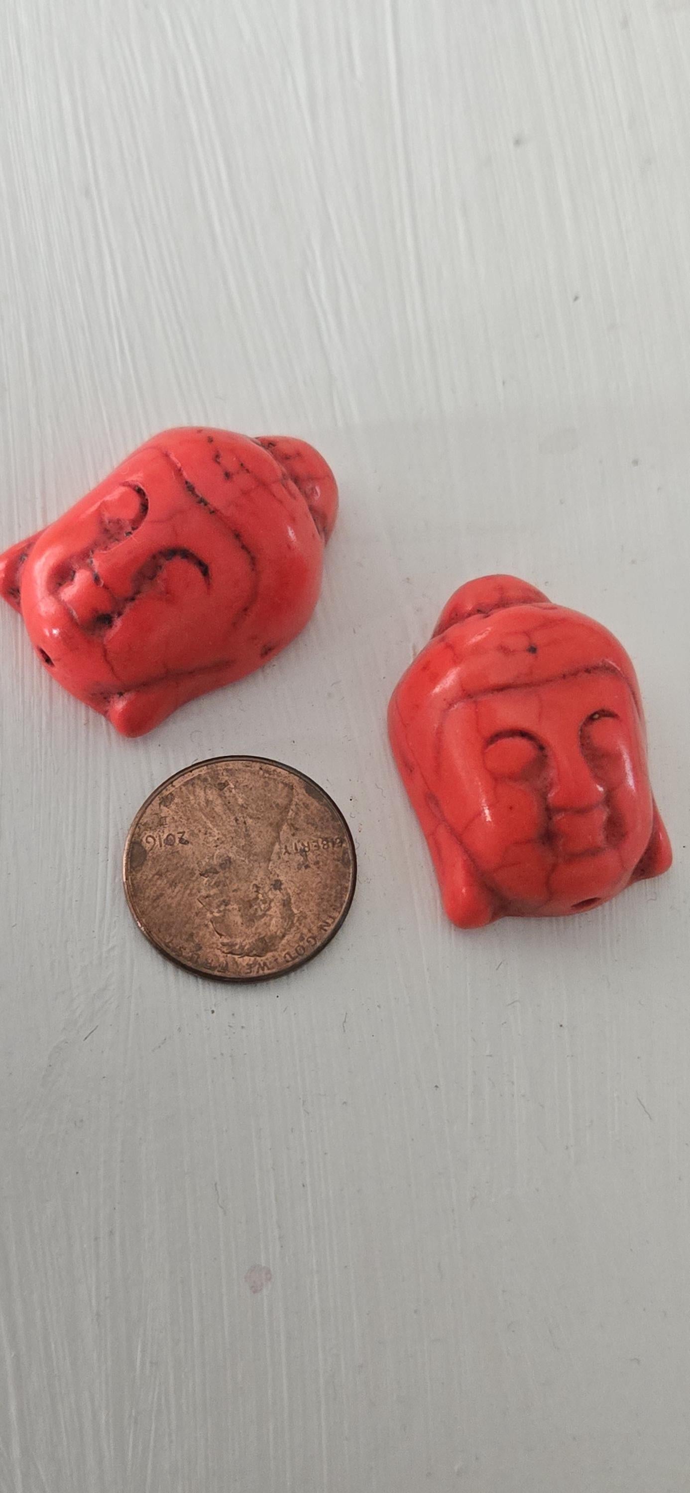 2 BEADS - Howlite Buddha bead dyed orange color tibetan beads 21 mm x 29 mm fall colors - BD289B