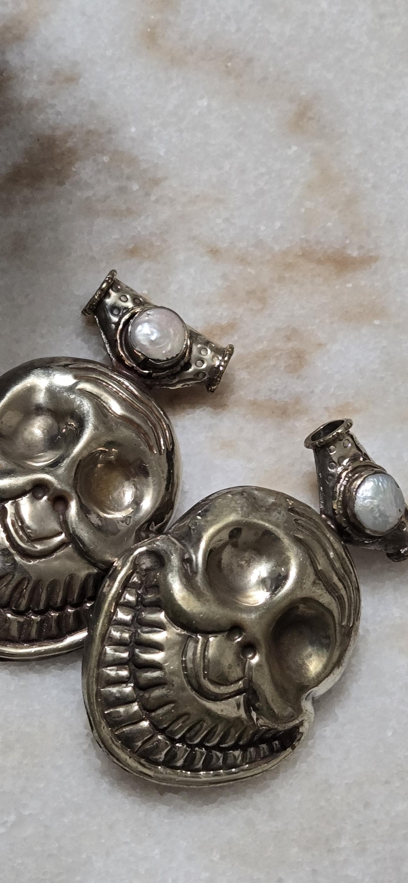 1 Large Tibetan Laughing Skull Pendant with pearl Inlay – Nepal Tibetan Amulet, Ethnic Tribal Jewelry Supply PM347C