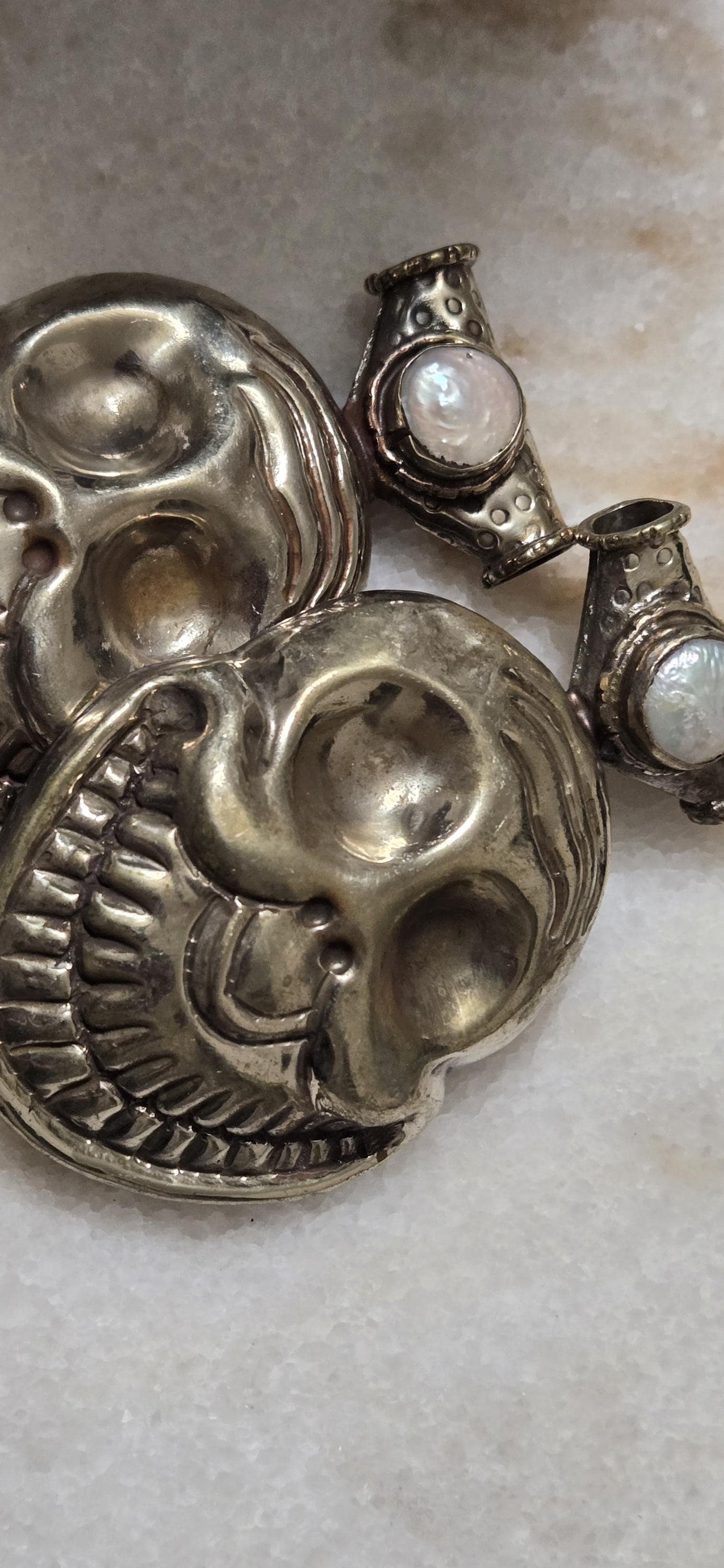 1 Large Tibetan Laughing Skull Pendant with pearl Inlay – Nepal Tibetan Amulet, Ethnic Tribal Jewelry Supply PM347C
