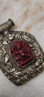 Tibetan silver Maroon red Vajrapani Buddha pendant with double fish symbol and reverse floral repousse - PM346B