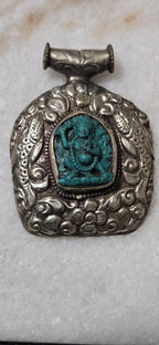 Tibetan antiqued silver finish green Vajrapani Buddha pendant with double fish symbol and reverse floral repousse - PM346C