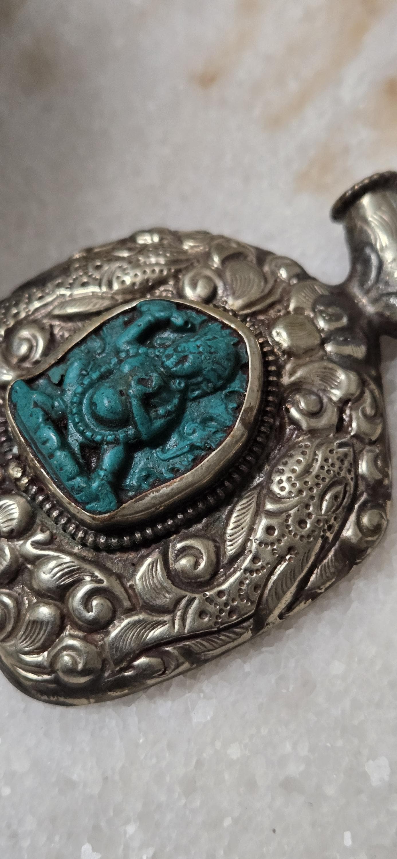 Tibetan antiqued silver finish green Vajrapani Buddha pendant with double fish symbol and reverse floral repousse - PM346C