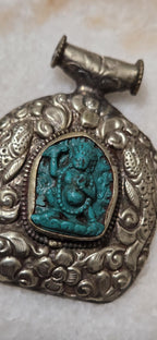 Tibetan antiqued silver finish green Vajrapani Buddha pendant with double fish symbol and reverse floral repousse - PM346C