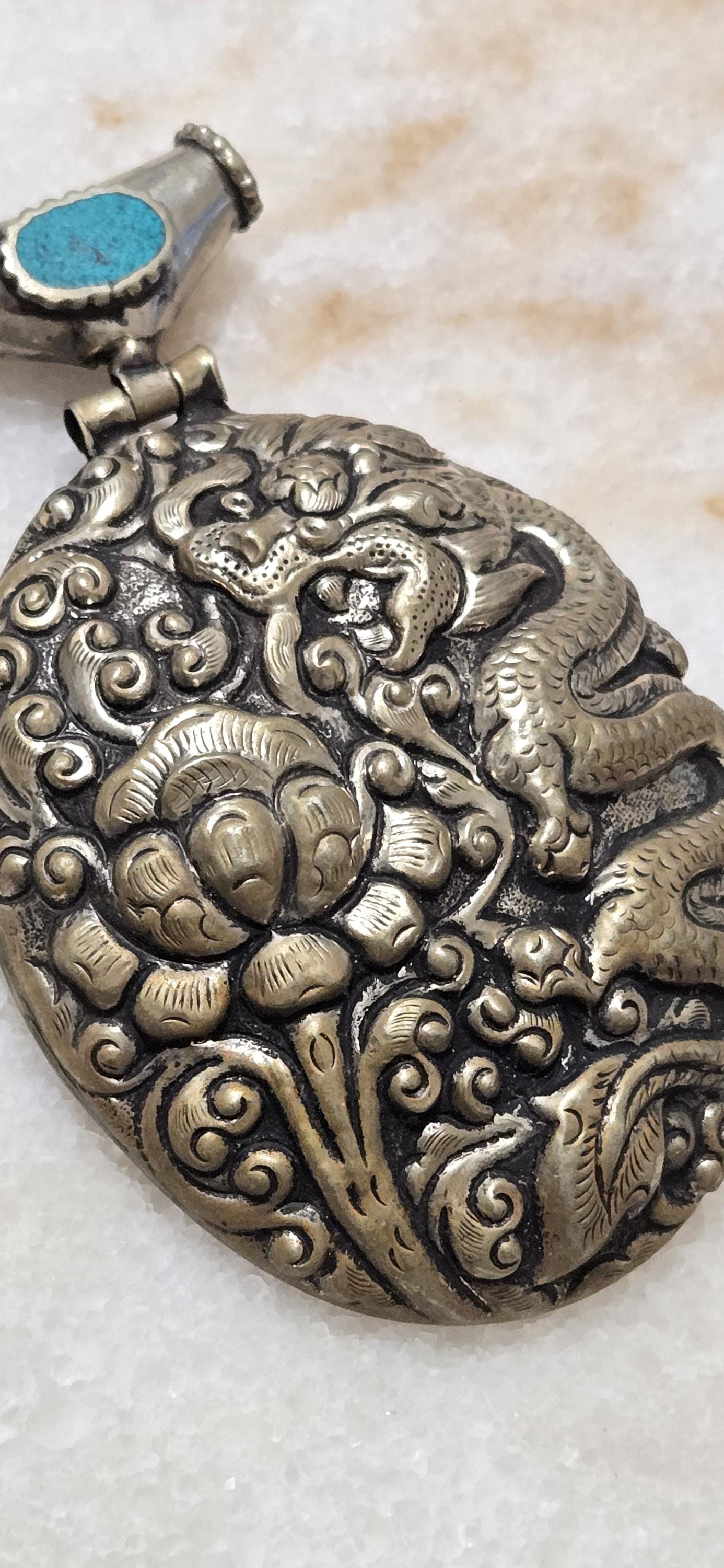 OOAK Large big Tibetan antiqued silver finish reposse lotus flower and dragon hinge bail pendant with turquoise inlay - PM346D