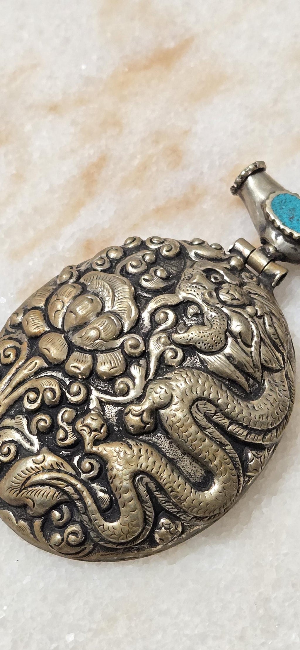 OOAK Large big Tibetan antiqued silver finish reposse lotus flower and dragon hinge bail pendant with turquoise inlay - PM346D