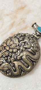 OOAK Large big Tibetan antiqued silver finish reposse lotus flower and dragon hinge bail pendant with turquoise inlay - PM346D
