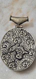 OOAK Large big Tibetan antiqued silver finish reposse lotus flower and dragon hinge bail pendant with turquoise inlay - PM346D