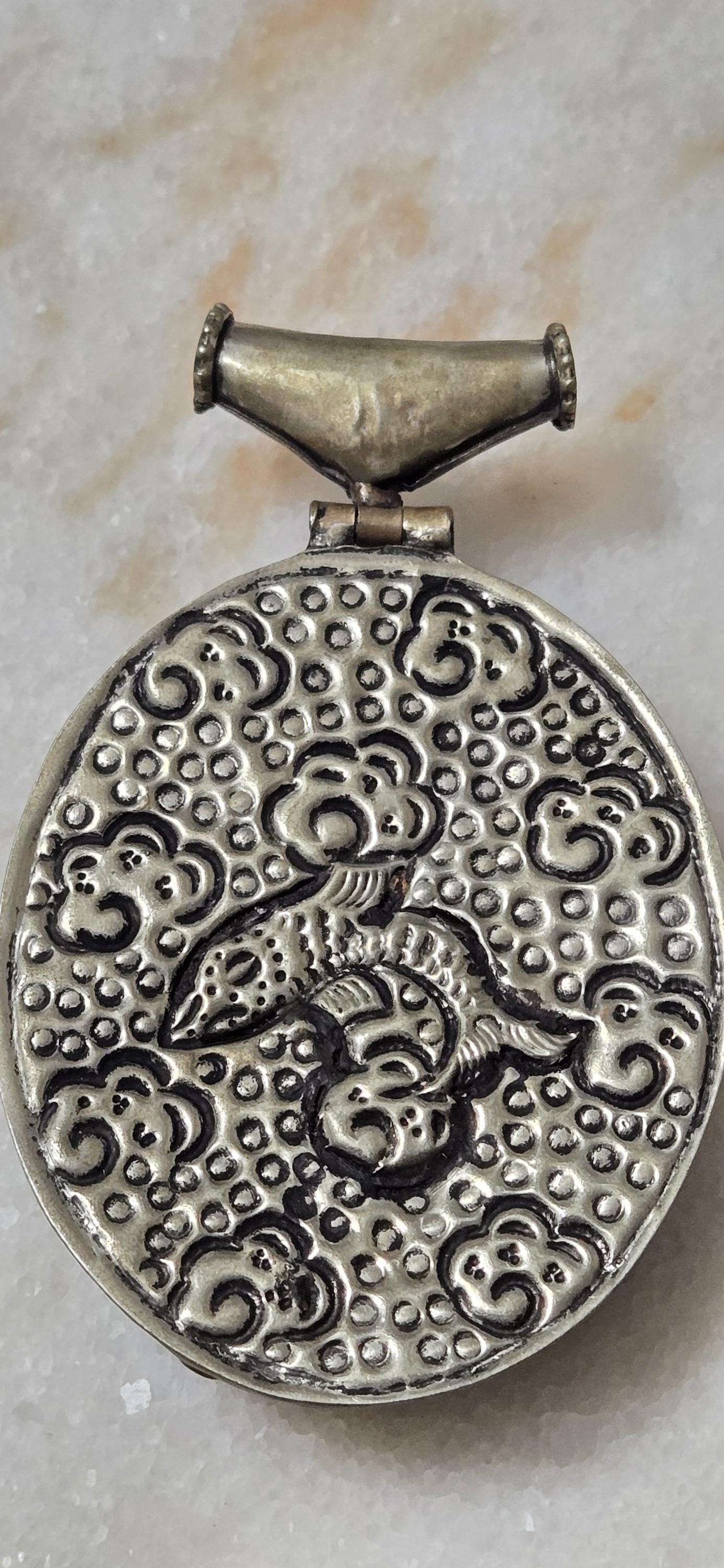 OOAK Large big Tibetan antiqued silver finish reposse lotus flower and dragon hinge bail pendant with turquoise inlay - PM346D