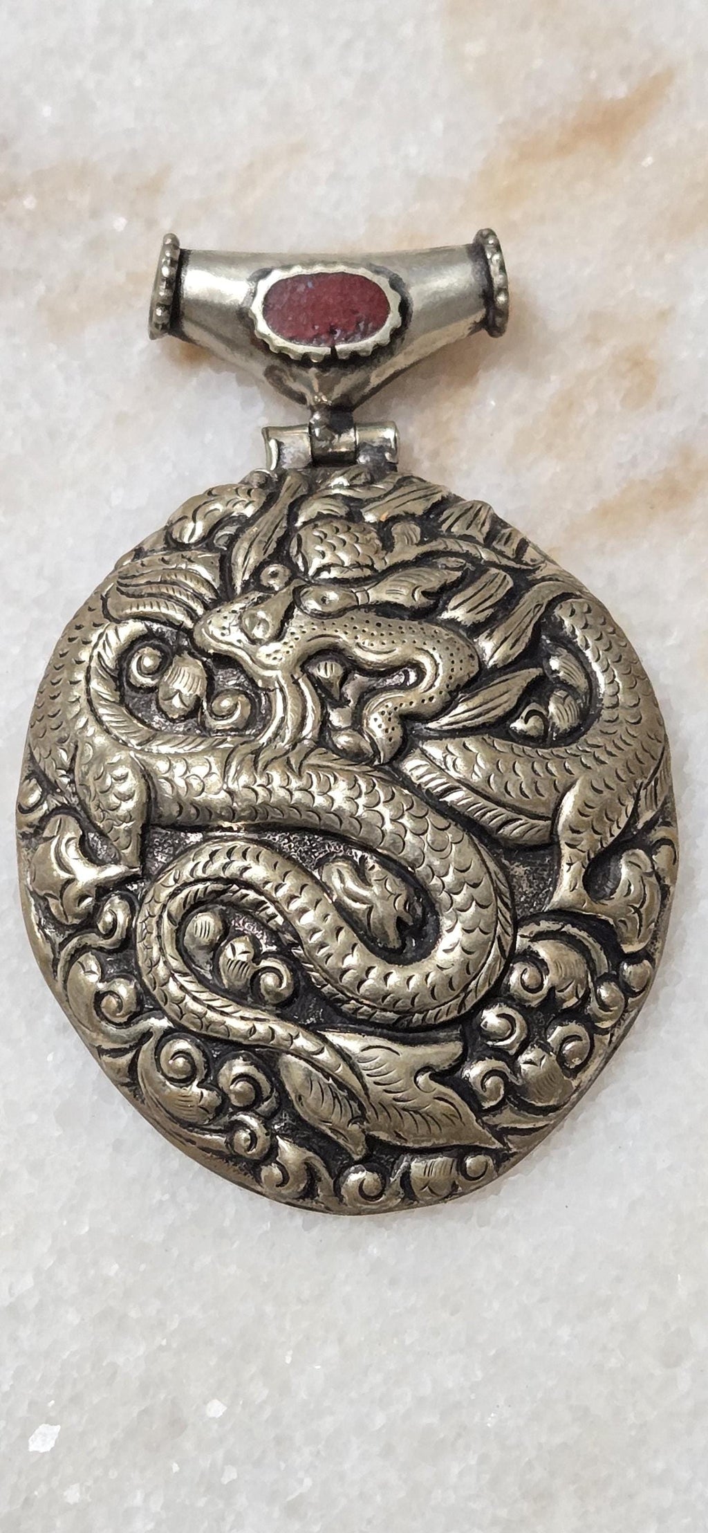Unique OOAK Large Tibetan Dragon Pendant, Antiqued Silver Finish, Hinge Bail with coral Inlay - PM346E