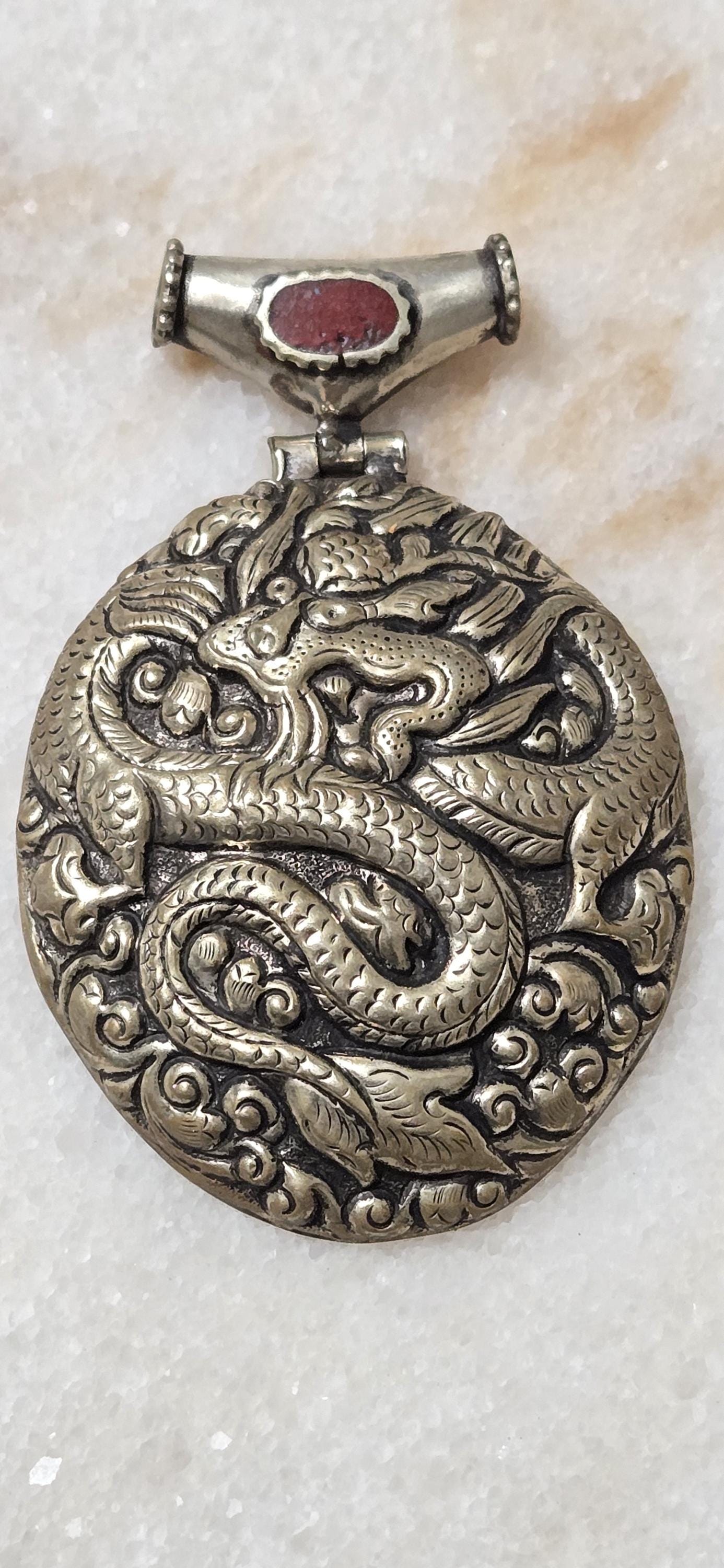 Unique OOAK Large Tibetan Dragon Pendant, Antiqued Silver Finish, Hinge Bail with coral Inlay - PM346E