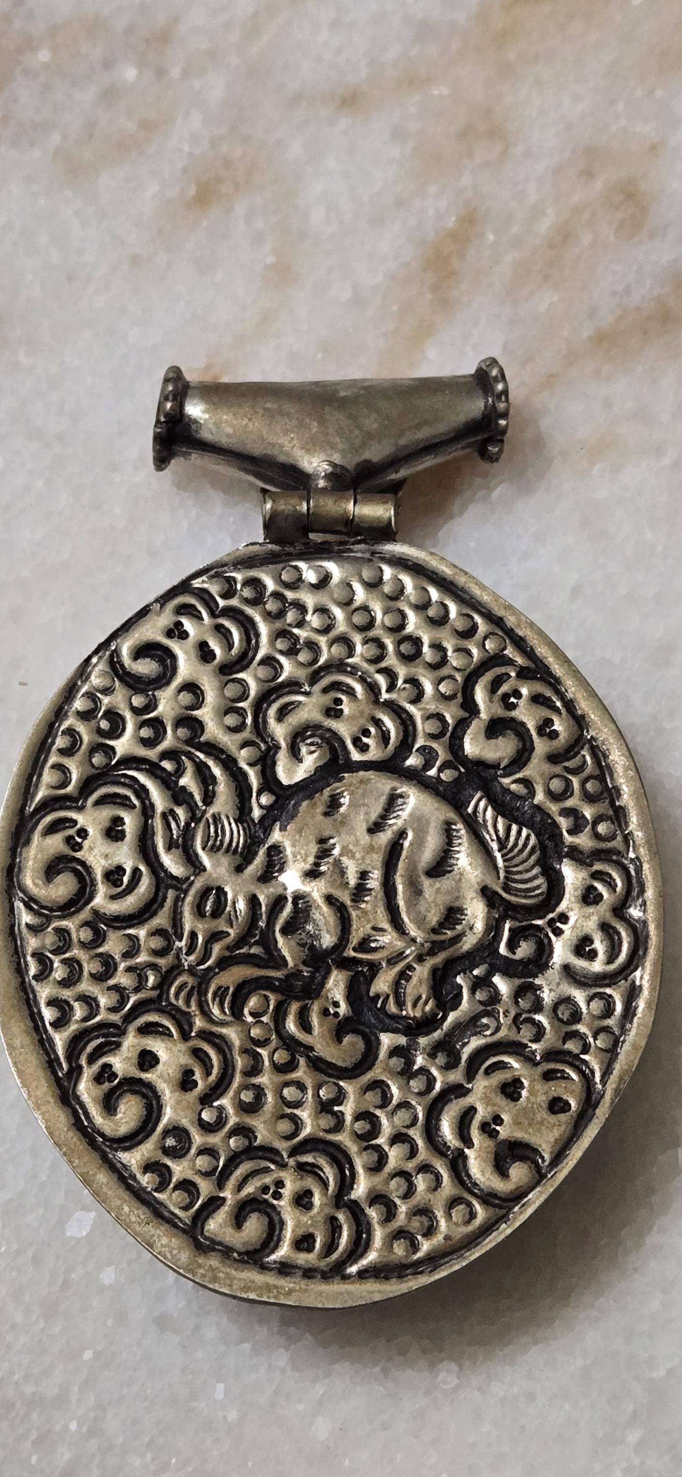 Unique OOAK Large Tibetan Dragon Pendant, Antiqued Silver Finish, Hinge Bail with coral Inlay - PM346E
