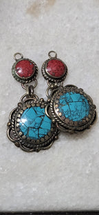 2 charms - Tibetan brass charm dangle pendants shape with mosaic turquoise coral inlay antiqued finish PM346G