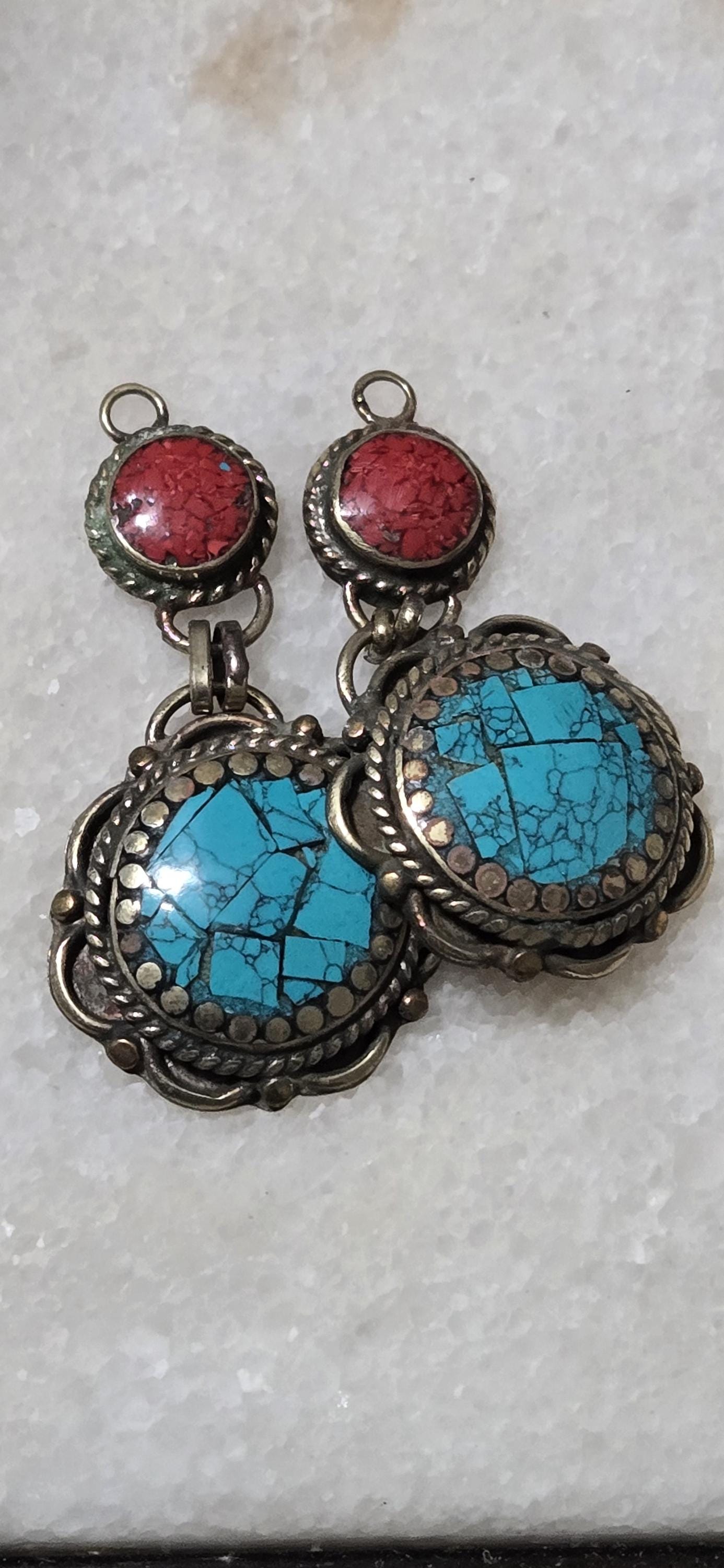 2 charms - Tibetan brass charm dangle pendants shape with mosaic turquoise coral inlay antiqued finish PM346G