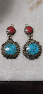 2 charms - Tibetan brass charm dangle pendants shape with mosaic turquoise coral inlay antiqued finish PM346G