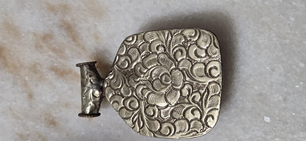 OOAK Tibetan Buddha with Veena Pendant, Lotus Seat, Antiqued Silver finish with fish repousse, Spiritual Jewelry Nepal PM346H