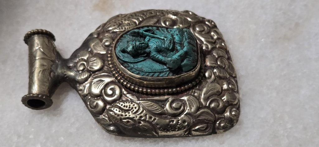 OOAK Tibetan Buddha with Veena Pendant, Lotus Seat, Antiqued Silver finish with fish repousse, Spiritual Jewelry Nepal PM346H