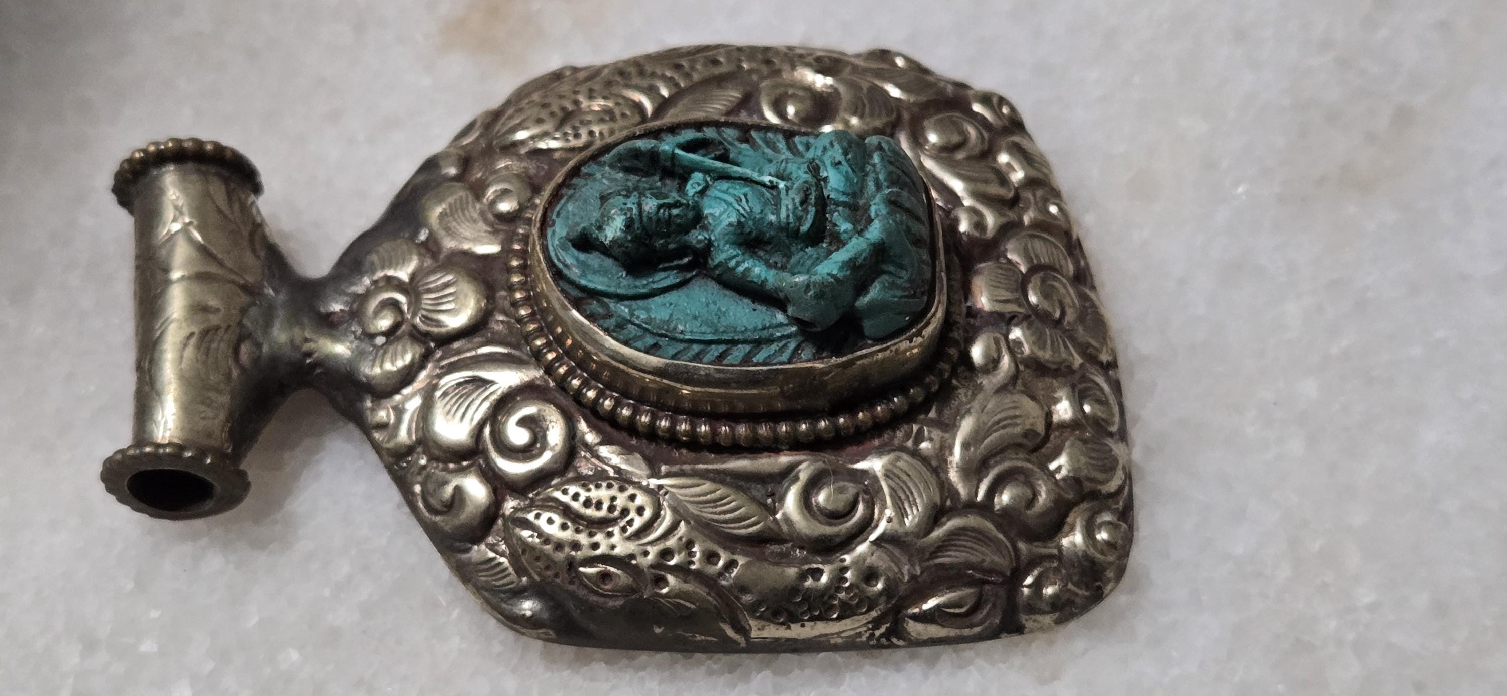 OOAK Tibetan Buddha with Veena Pendant, Lotus Seat, Antiqued Silver finish with fish repousse, Spiritual Jewelry Nepal PM346H