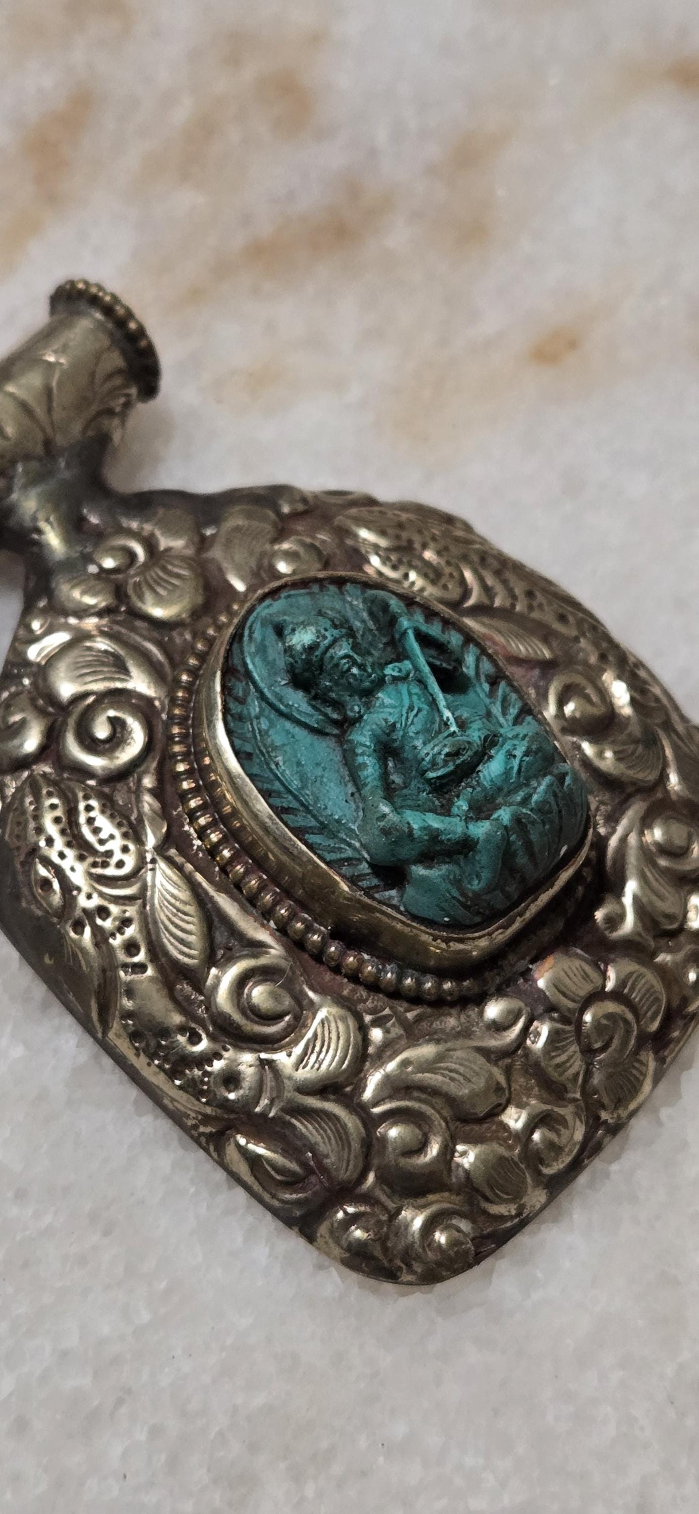 OOAK Tibetan Buddha with Veena Pendant, Lotus Seat, Antiqued Silver finish with fish repousse, Spiritual Jewelry Nepal PM346H