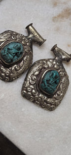 OOAK Tibetan Buddha with Veena Pendant, Lotus Seat, Antiqued Silver finish with fish repousse, Spiritual Jewelry Nepal PM346H