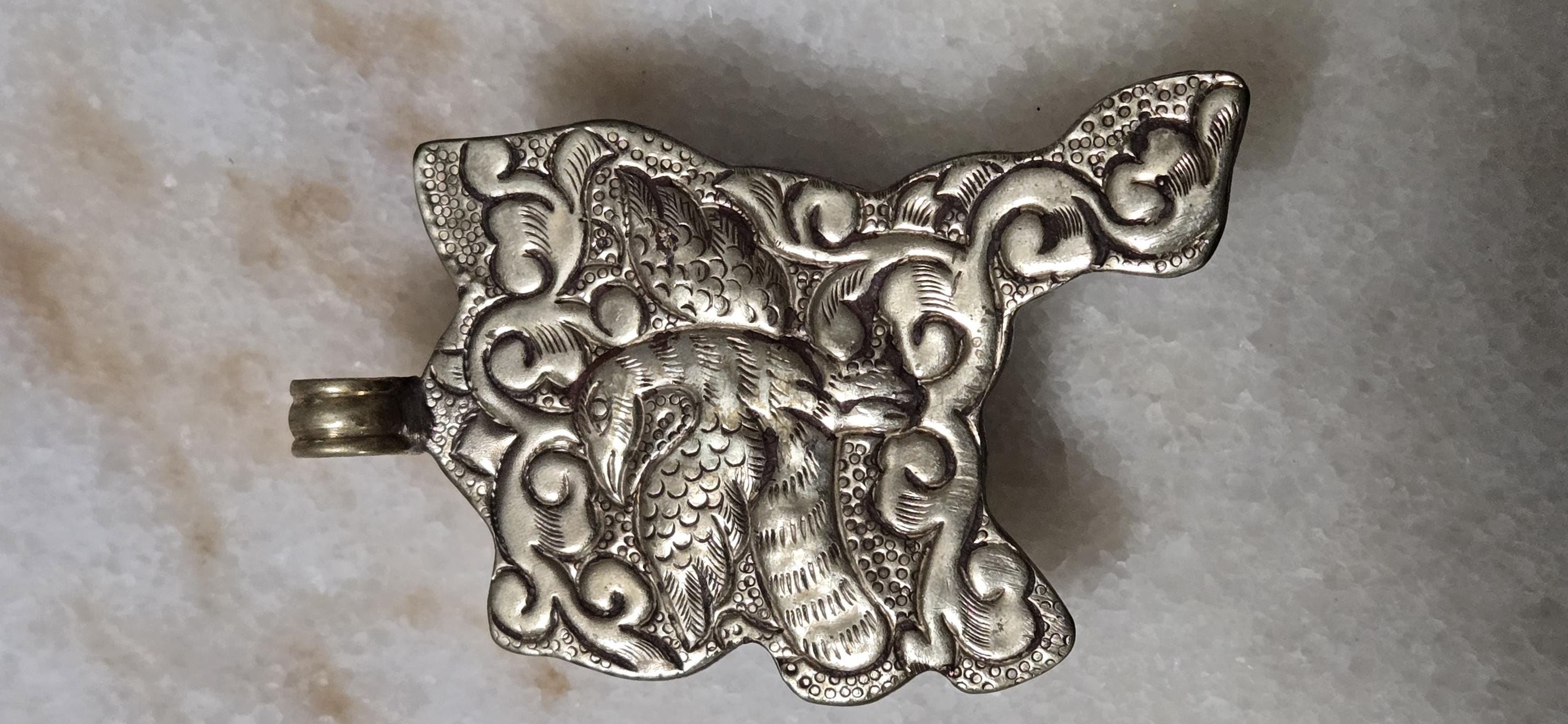 OOAK Tibetan Antiqued Silver finish Repousse Frog pendant with gemstone inlay and reverse phoenix bird carving - PM346K