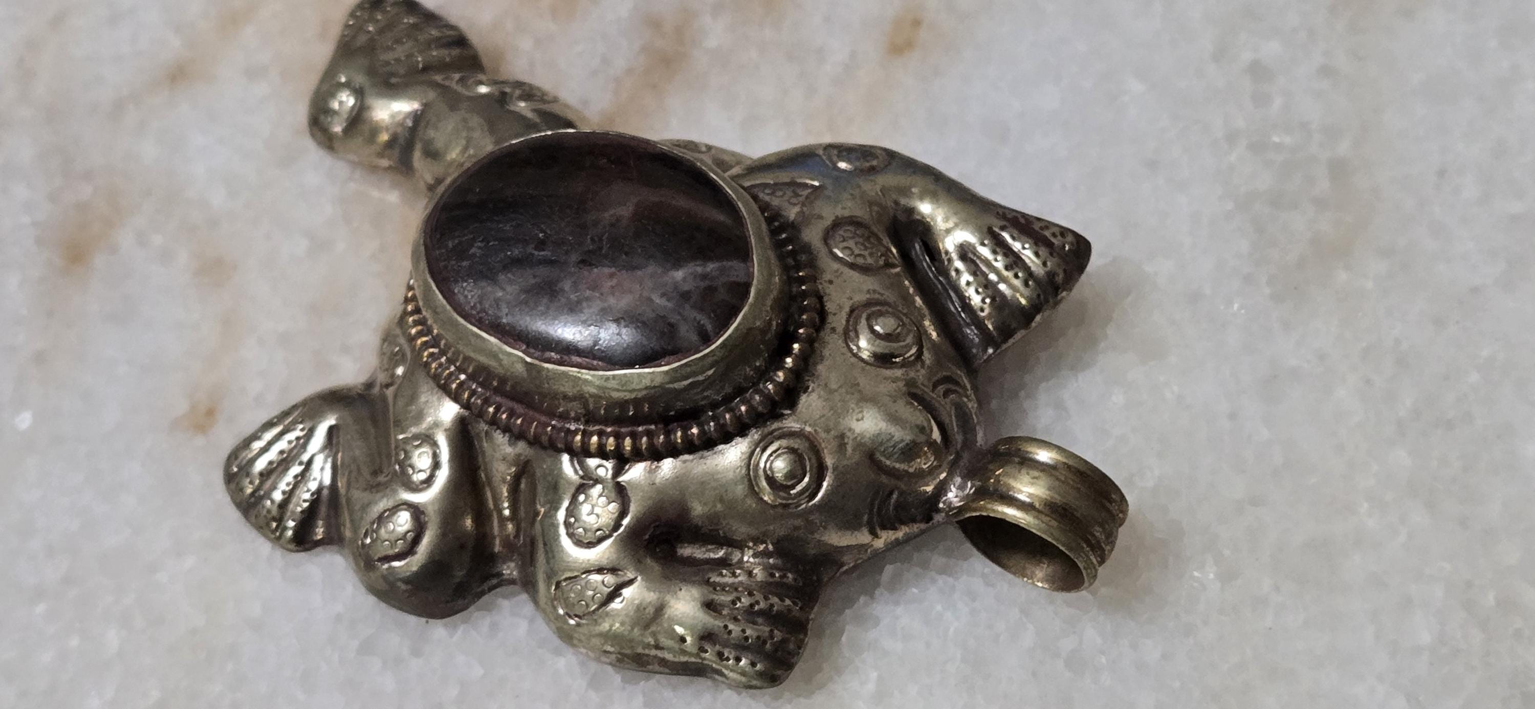 OOAK Tibetan Antiqued Silver finish Repousse Frog pendant with gemstone inlay and reverse phoenix bird carving - PM346K