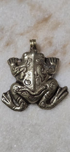 Large Tibetan Frog Pendant – Antiqued Silver Finish with Fish Carving on top side & Bird Detail on Reverse- Nepal pendants – PM346F