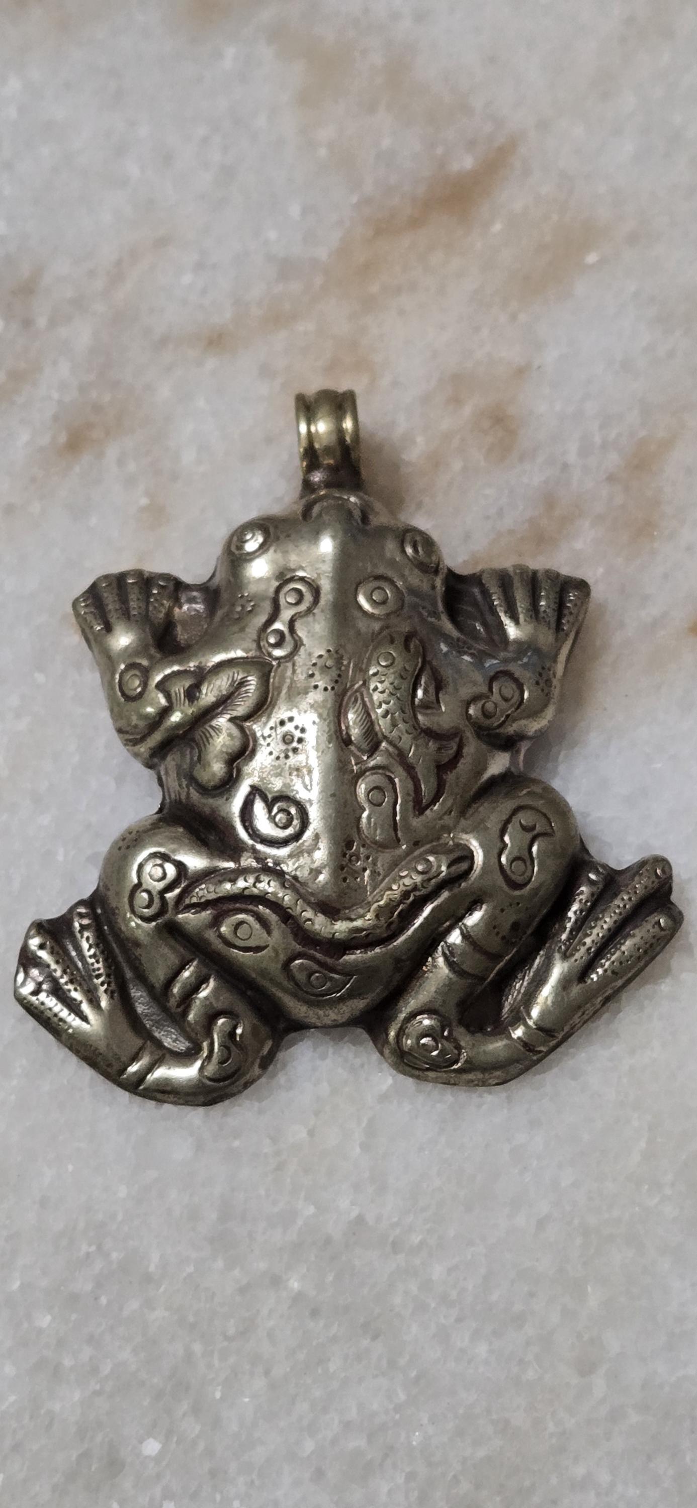 Large Tibetan Frog Pendant – Antiqued Silver Finish with Fish Carving on top side & Bird Detail on Reverse- Nepal pendants – PM346F