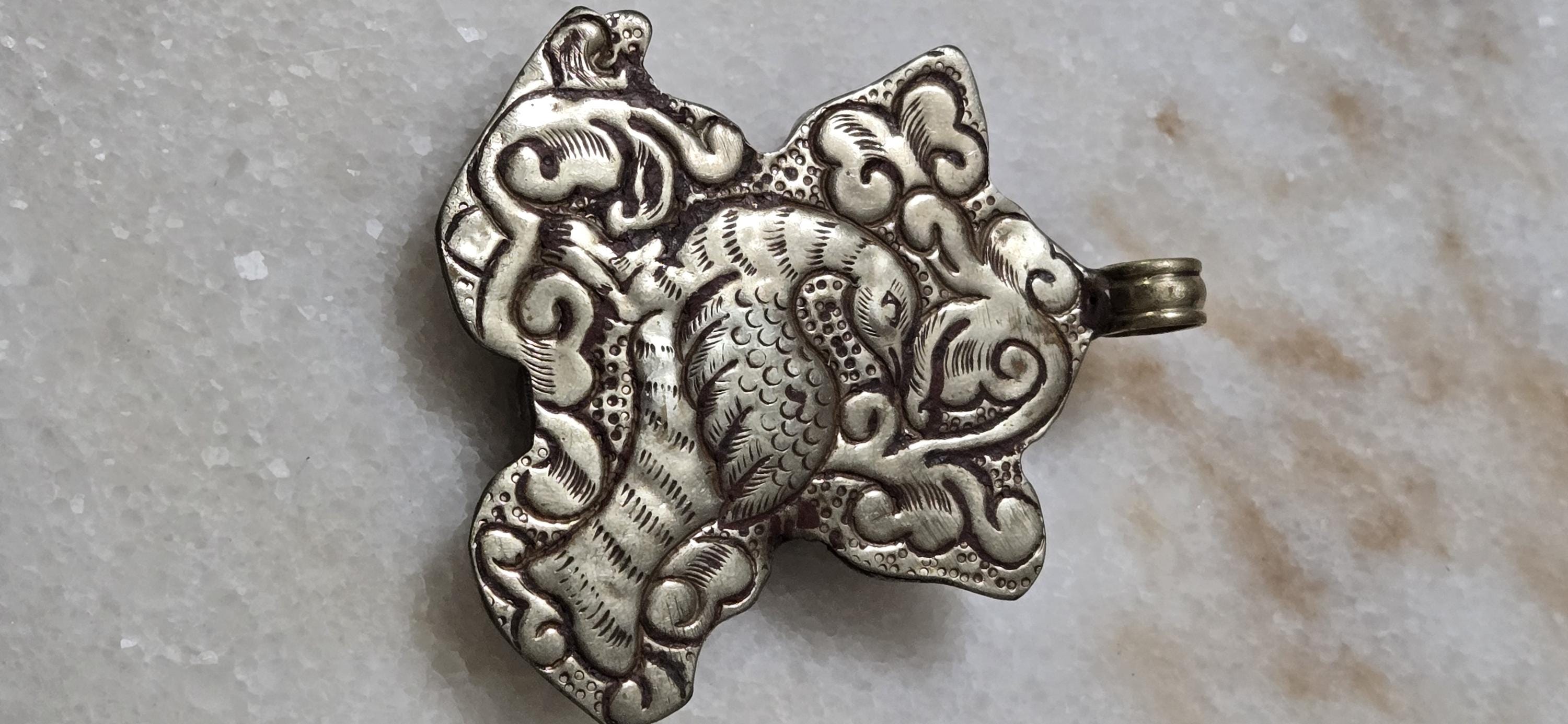Large Tibetan Frog Pendant – Antiqued Silver Finish with Fish Carving on top side & Bird Detail on Reverse- Nepal pendants – PM346F