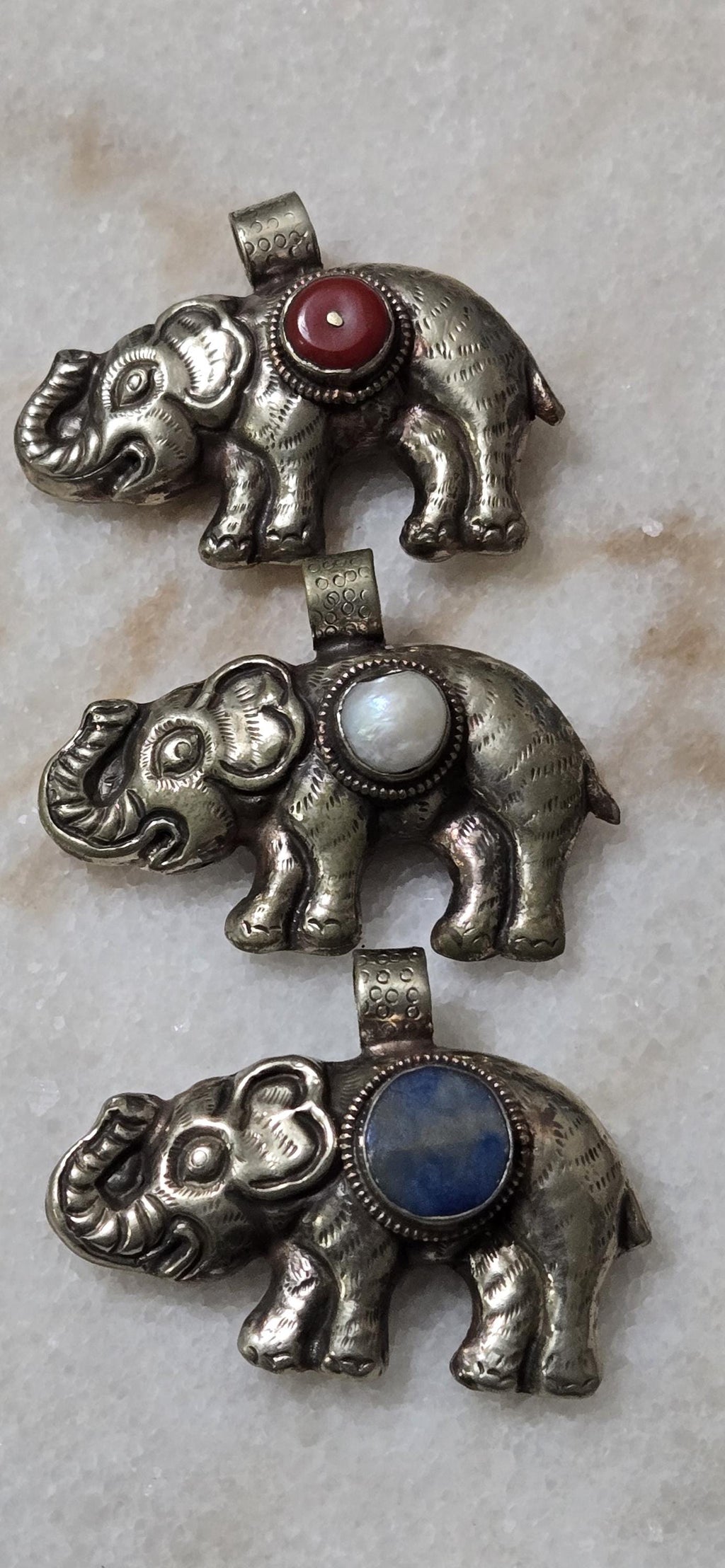 Set of 3 Elephant Pendants – Lapis, Pearl & Resin Inlay | Tibetan Repousse Design | Elephant Lovers Charm Pendants – PM346M
