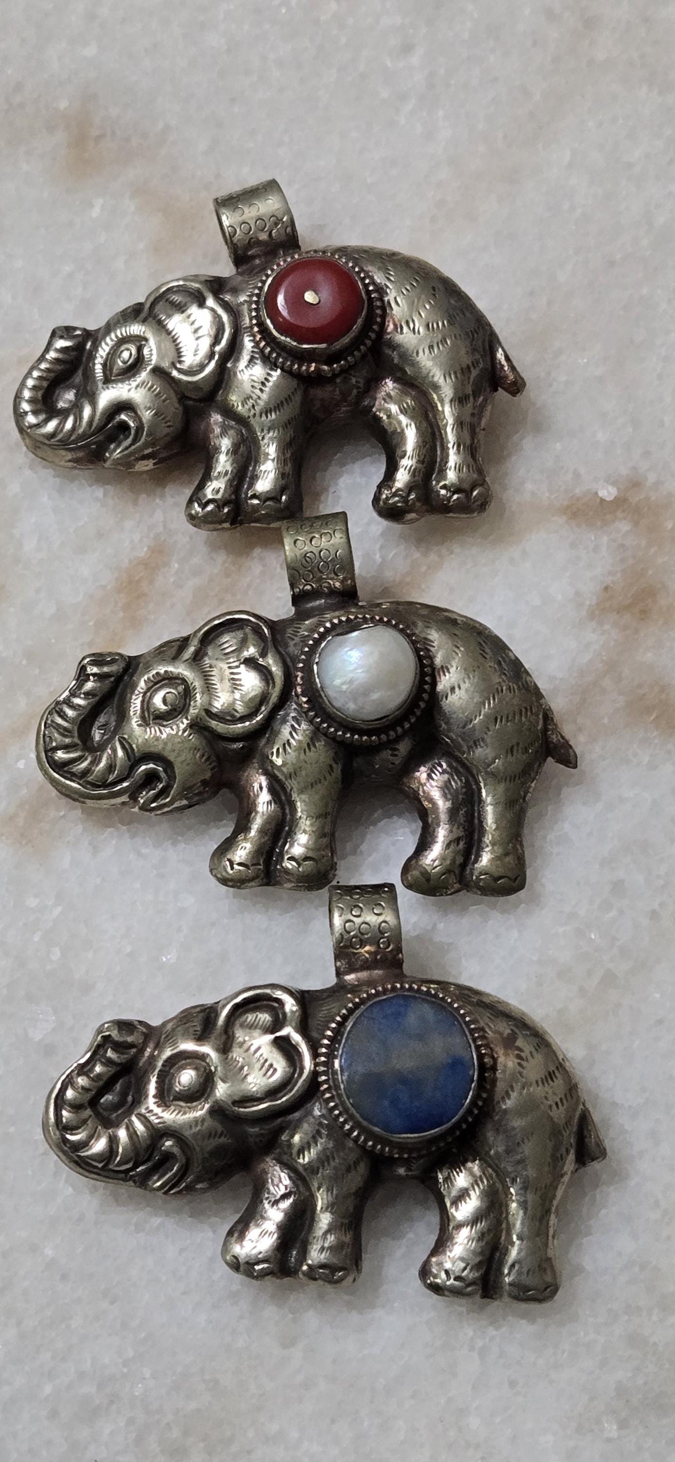 Set of 3 Elephant Pendants – Lapis, Pearl & Resin Inlay | Tibetan Repousse Design | Elephant Lovers Charm Pendants – PM346M