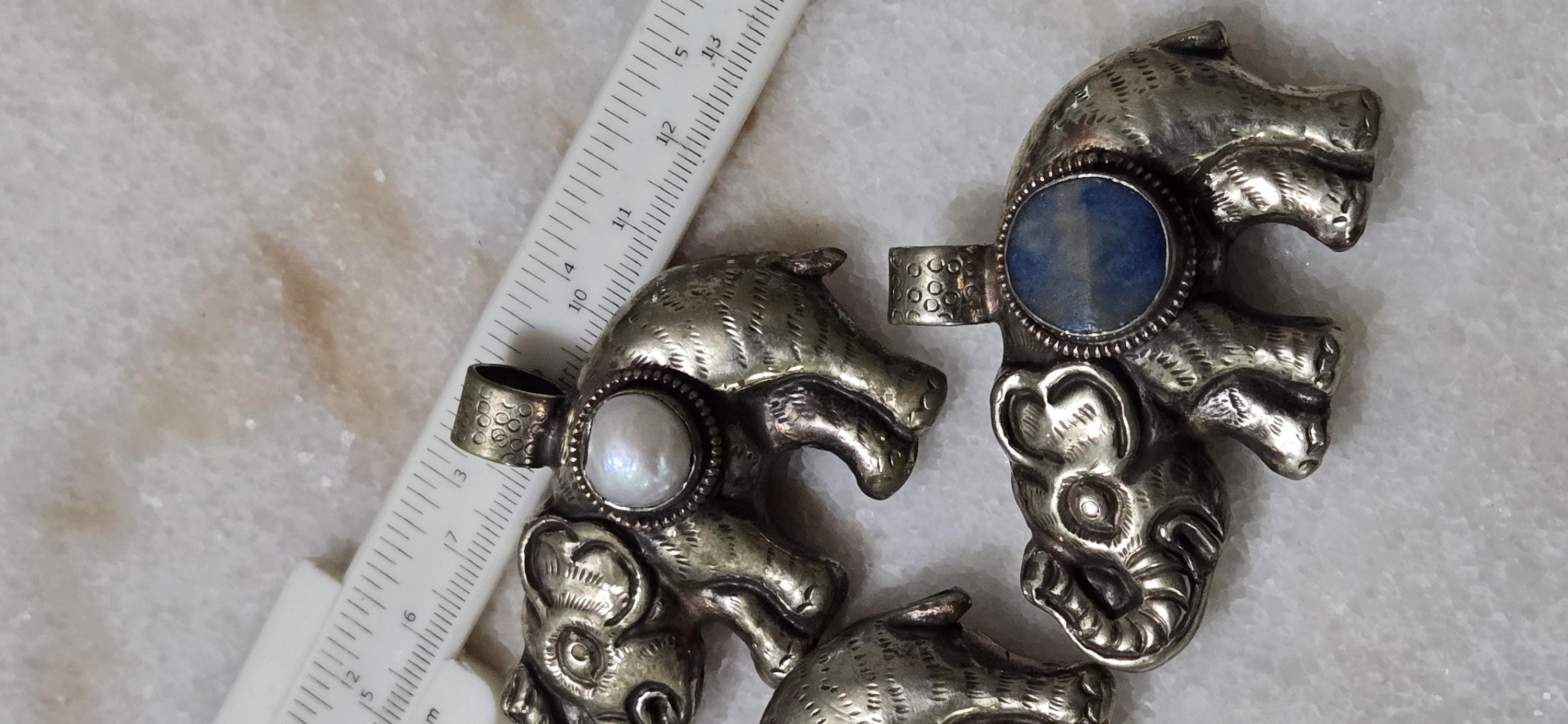 Set of 3 Elephant Pendants – Lapis, Pearl & Resin Inlay | Tibetan Repousse Design | Elephant Lovers Charm Pendants – PM346M