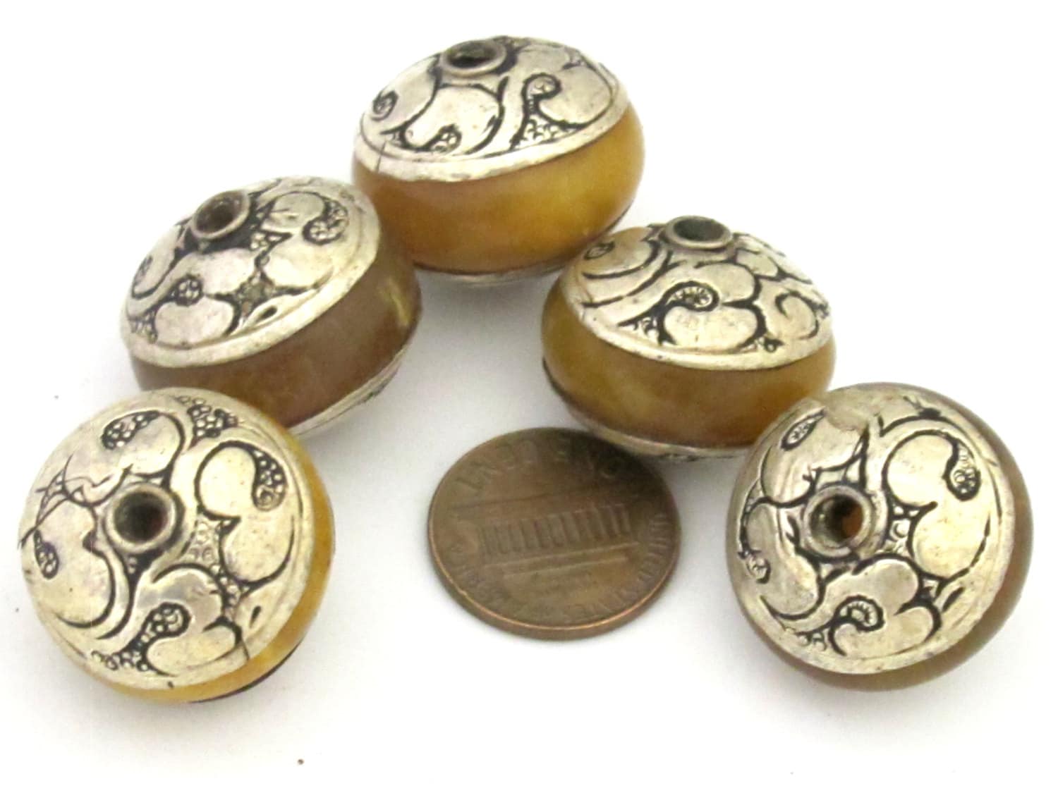 2 Beads - Beautiful yellow copal resin Tibetan silver floral design capped beads - BD671