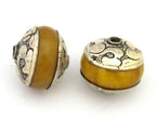 2 Beads - Beautiful yellow copal resin Tibetan silver floral design capped beads - BD671