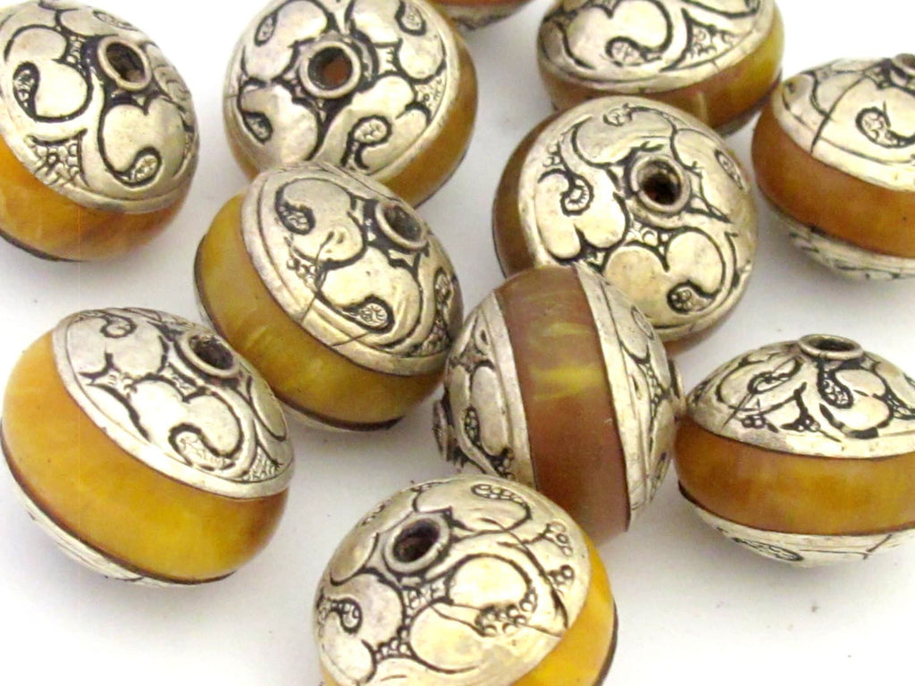 2 Beads - Beautiful yellow copal resin Tibetan silver floral design capped beads - BD671